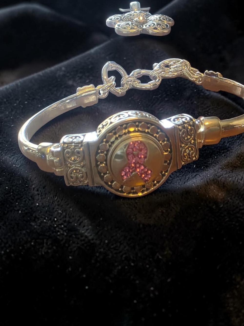 Silver Pink Rhinestone Ribbon Toggle Cuff Bracelet
